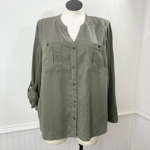 J Jill Plus Size 2X Top Button Up 100% Tencel Olive Green Roll Tab Sleeve V Neck - Picture 1 of 14